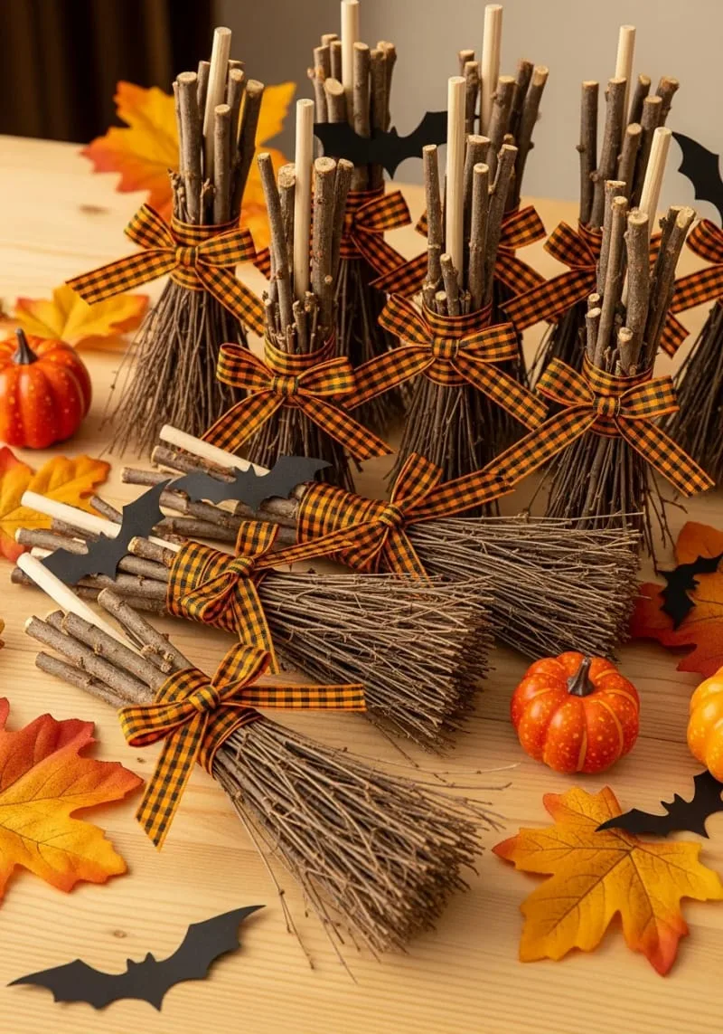 mini broomstick bundles tied with gingham ribbon 1