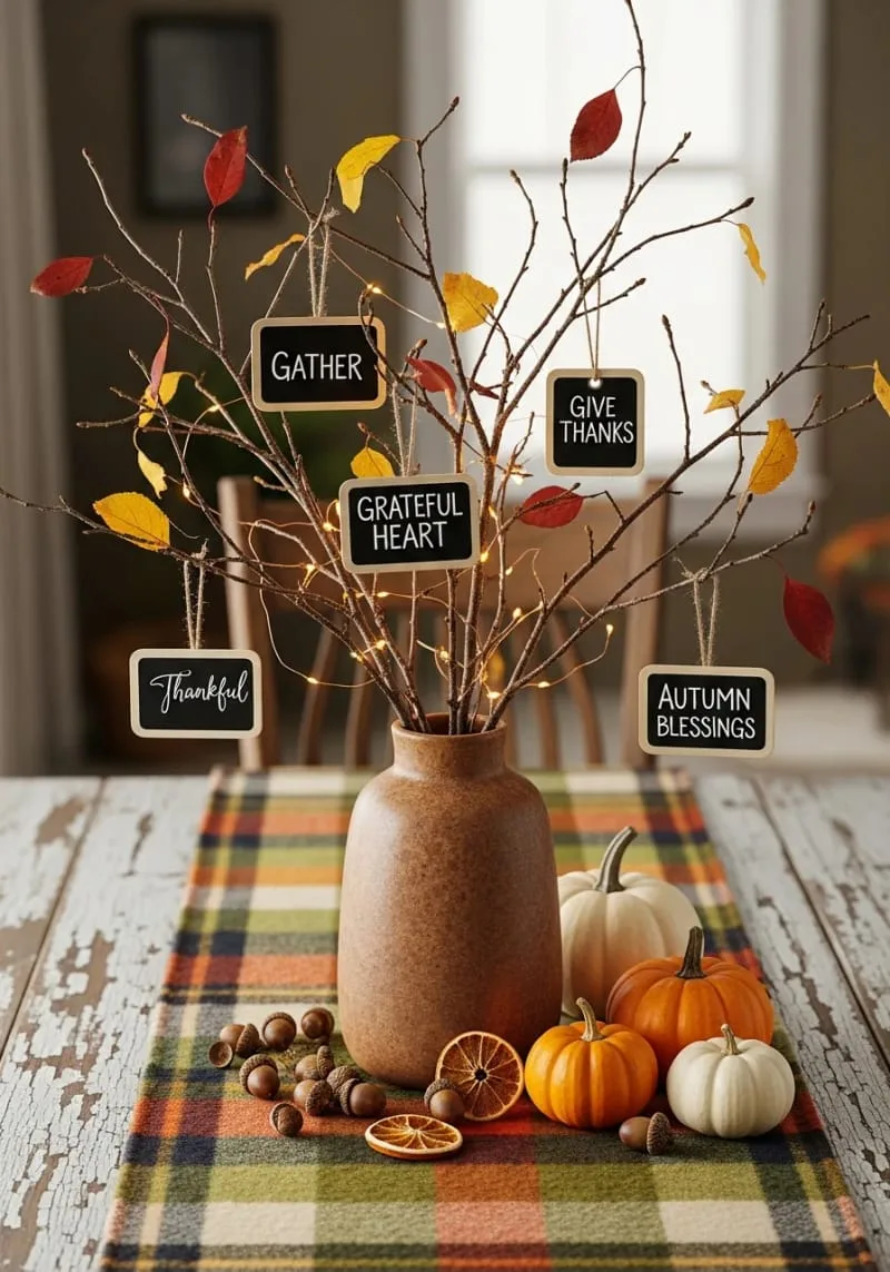 mini chalkboard tags with thankful messages hung throughout 1