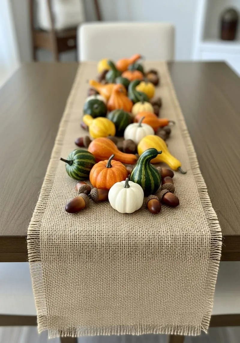 mini gourds and acorn scatter on burlap table runner 1 mini gourds and acorn scatter on burlap table runner 1