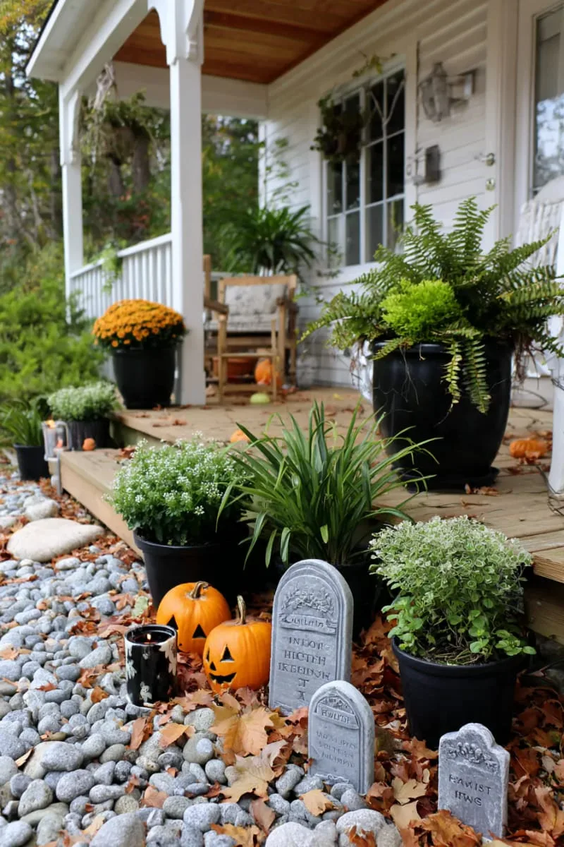 21 Halloween Porch Decorations: Ideas For A Unique Festive Entryway 78 mini graveyard scene with quirky handmade tombstones 1