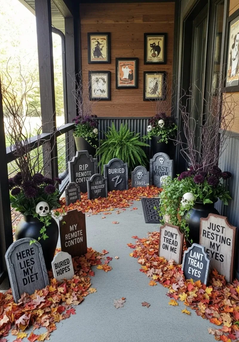 21 Halloween Porch Decorations: Ideas For A Unique Festive Entryway 82 mini graveyard scene with quirky handmade tombstones 1