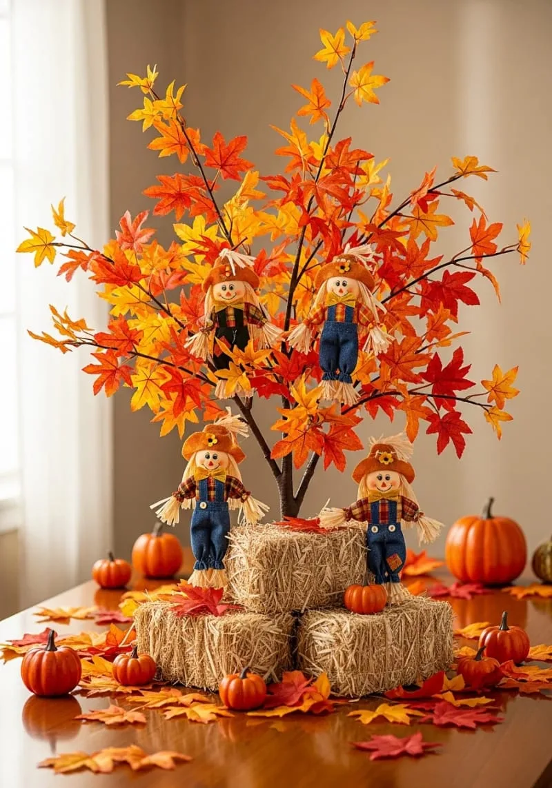 mini hay bales and scarecrow figurines tucked within the foliage 1