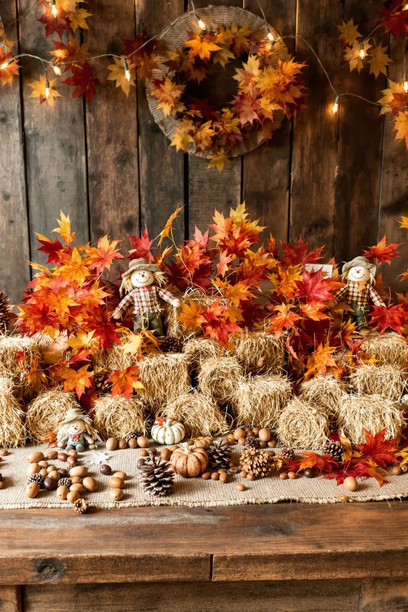 mini hay bales and scarecrow figurines tucked within the foliage 1