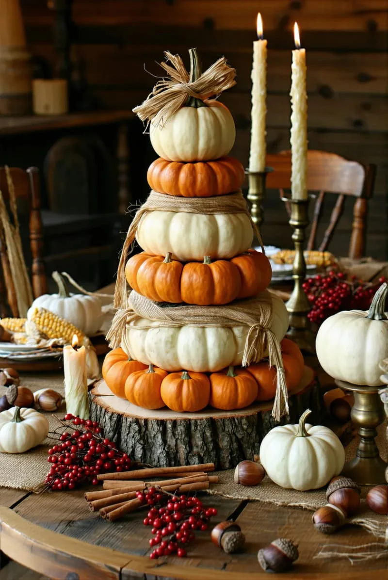 mini pumpkin topiary towers with dried corn husk ribbons 1