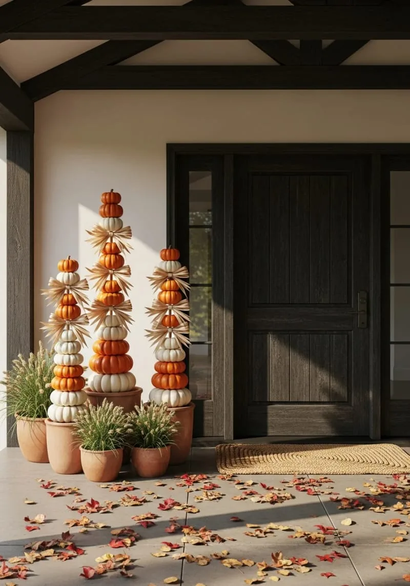 mini pumpkin topiary towers with dried corn husk ribbons 1
