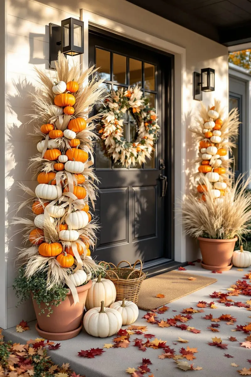 mini pumpkin topiary towers with dried corn husk ribbons 1
