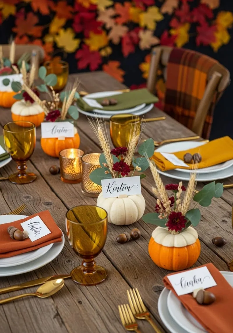 mini pumpkin vase place cards for fall dinner parties 1