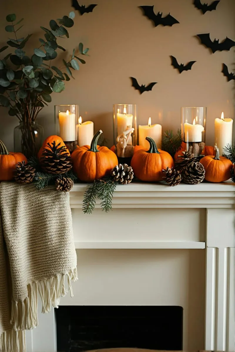 mini pumpkins and tea lights clustered on the mantle for cozy ambiance 1