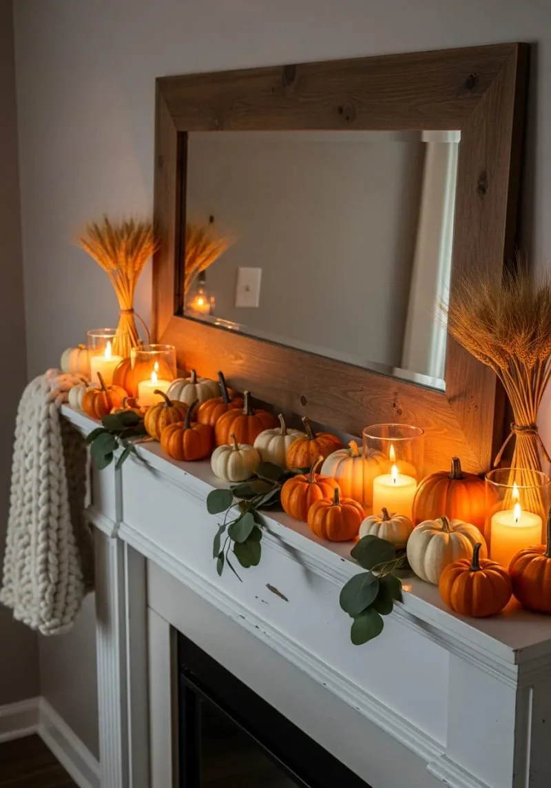 mini pumpkins and tea lights clustered on the mantle for cozy ambiance 1