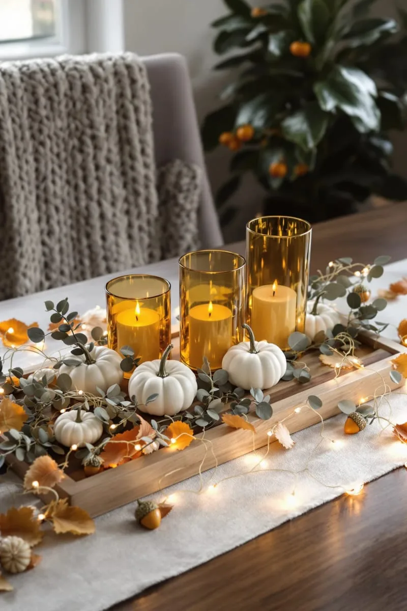 mini white pumpkins clustered around amber glass candle holders 1