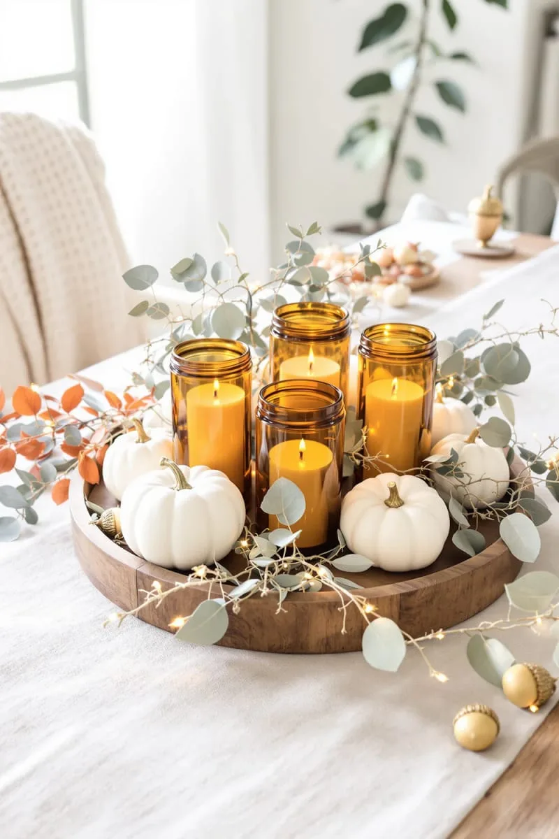 mini white pumpkins clustered around amber glass candle holders 1