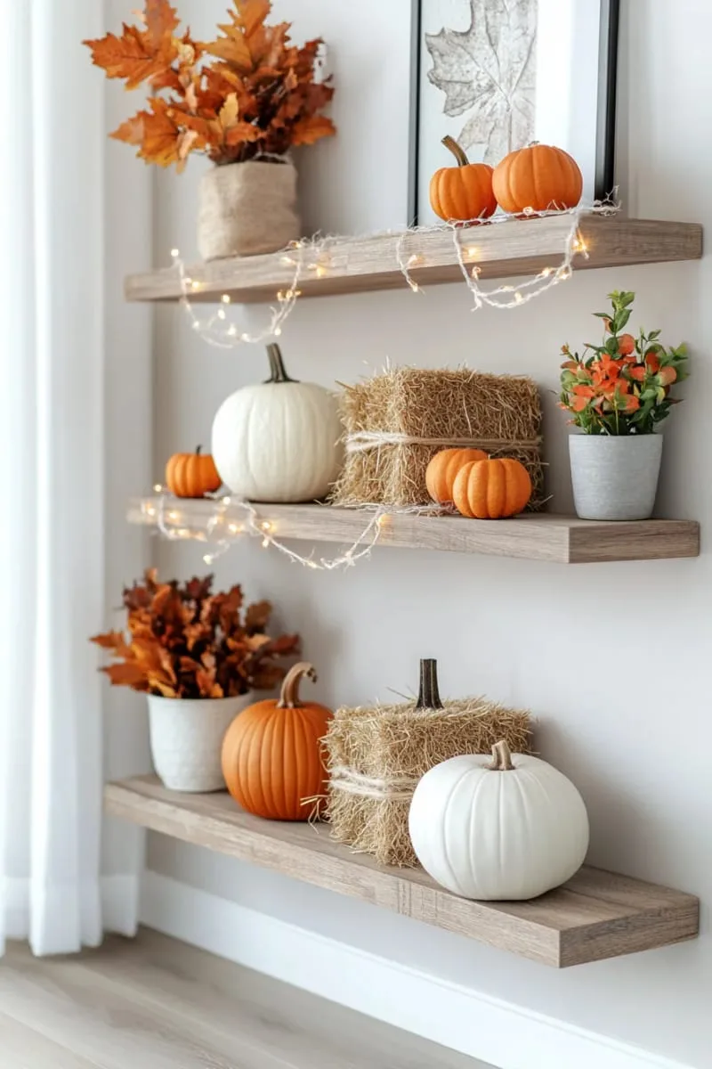 miniature hay bale shelf displays with fairy lights 1