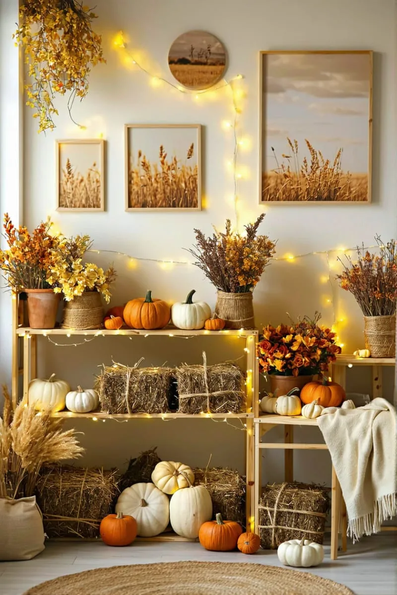 miniature hay bale shelf displays with fairy lights 1