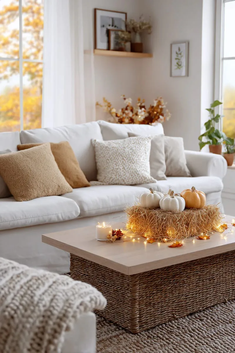 miniature hay bale shelf displays with fairy lights 1