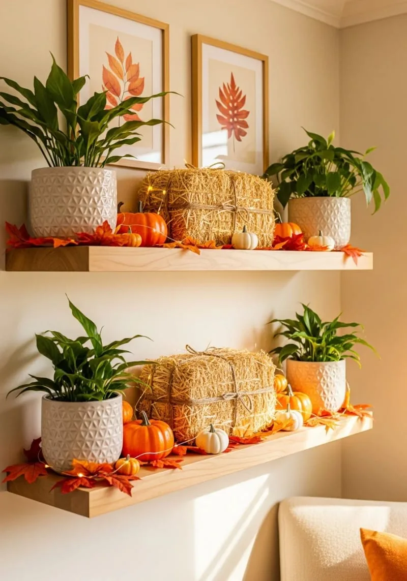 miniature hay bale shelf displays with fairy lights 1