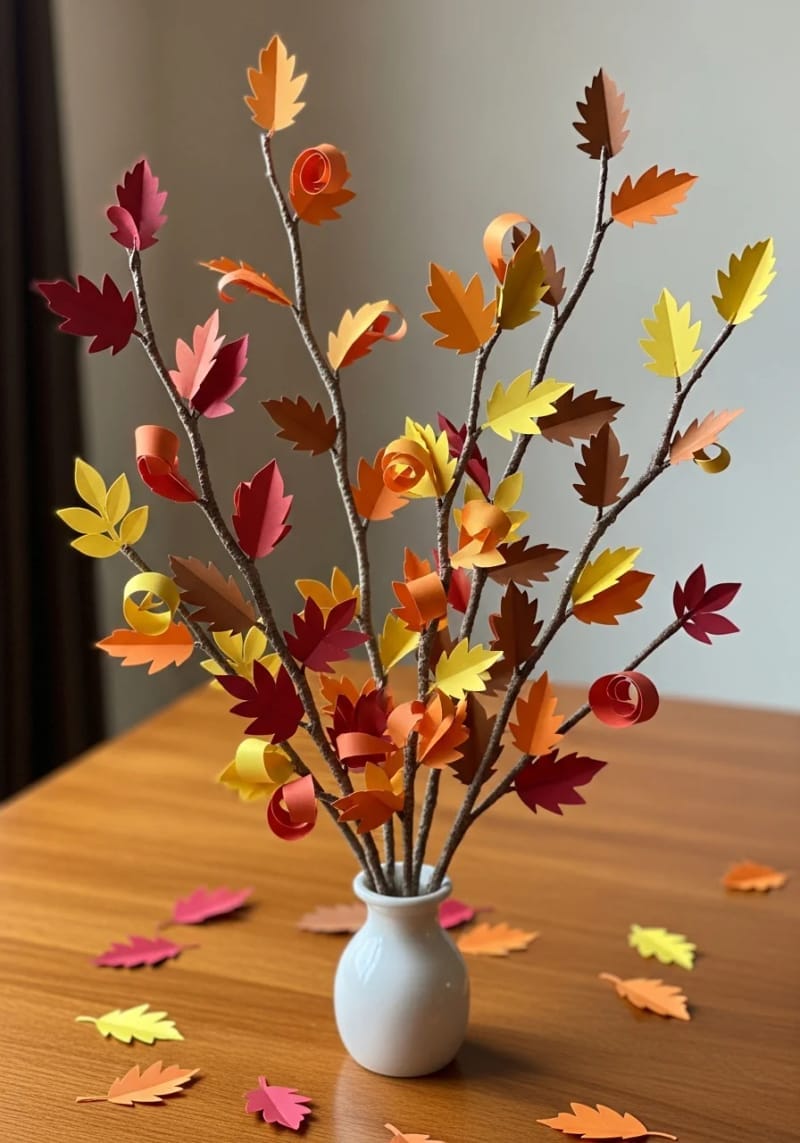 miniature tree branches decorated with colorful paper leaves 1