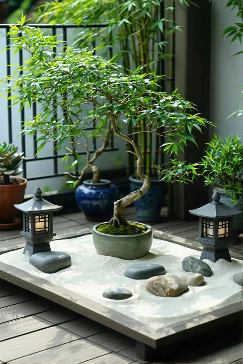 miniature zen rock garden with bonsai and lanterns 1
