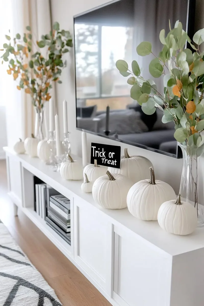 21 Elegant Indoor Halloween Decor Ideas for Modern Spaces 100 minimal white pumpkins and “trick or treat” banner on tv stand. 1