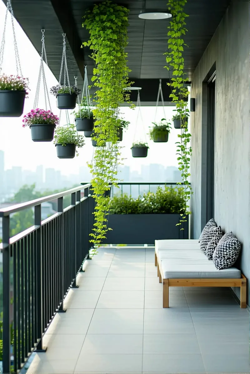 minimalist balcony with monochrome hanging plant pots 1