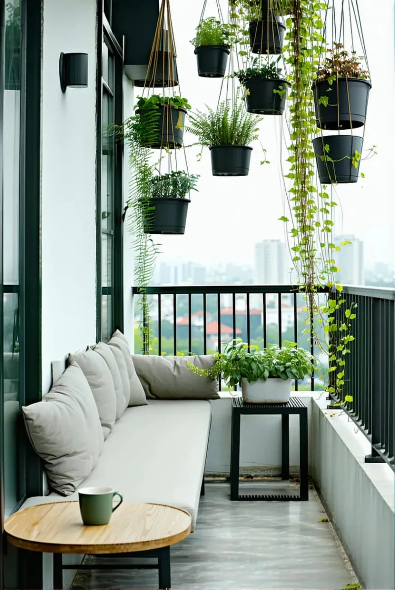minimalist balcony with monochrome hanging plant pots 1