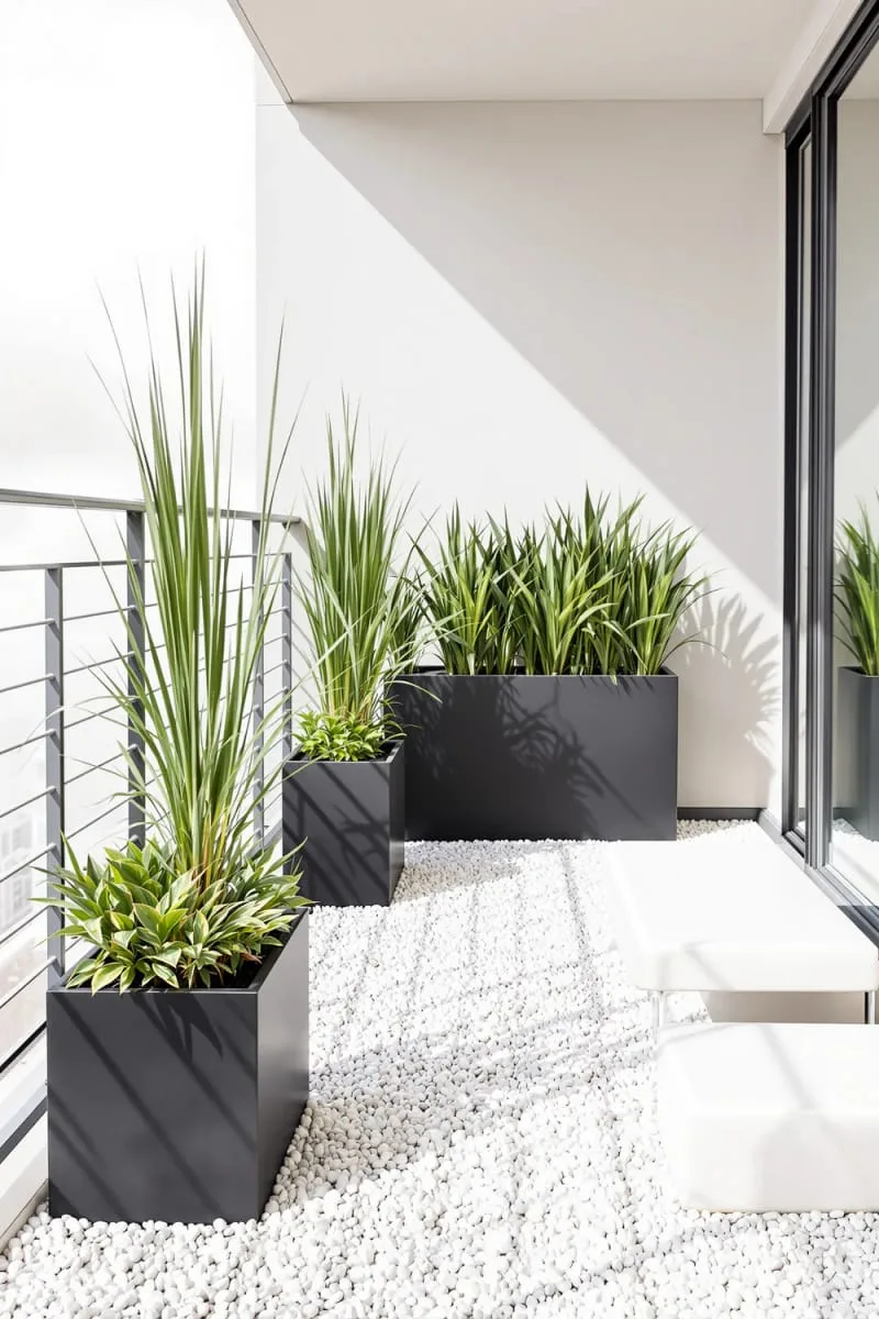 minimalist balcony with white pebble flooring and sleek planters 1