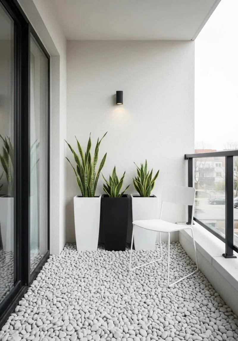 minimalist balcony with white pebble flooring and sleek planters 1
