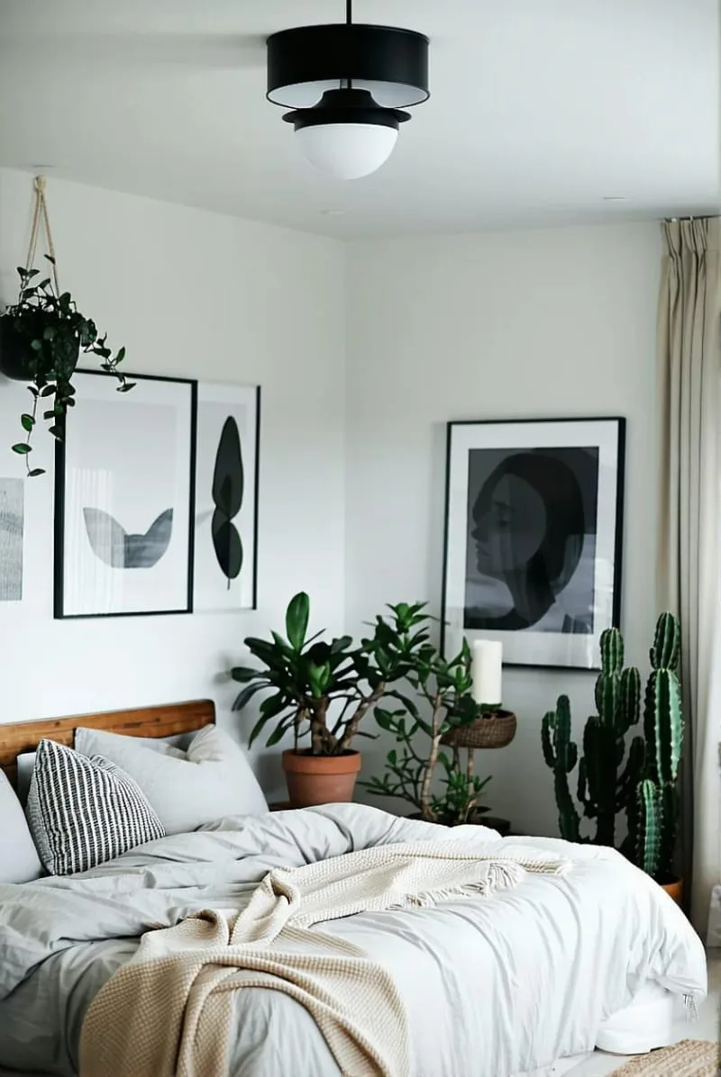 minimalist bedroom with a sculptural ceiling light fixture as the main design element 1