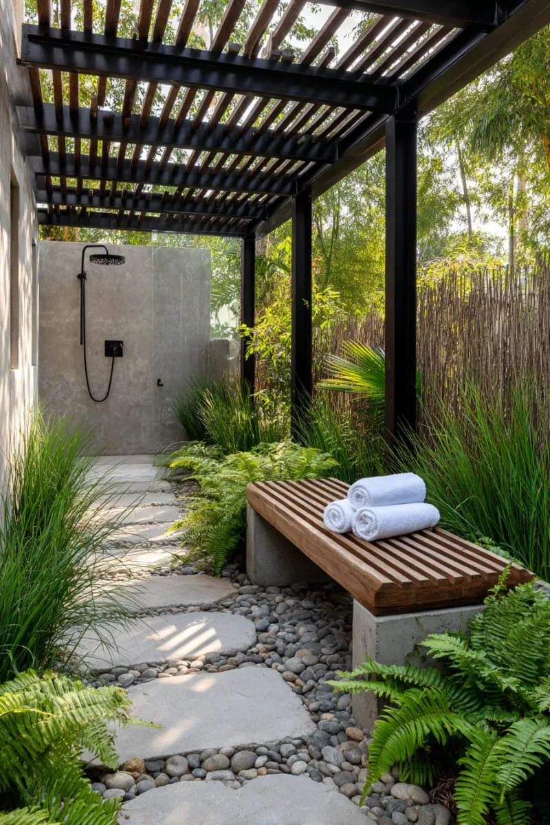 minimalist black metal frame outdoor shower with river rock flooring 1