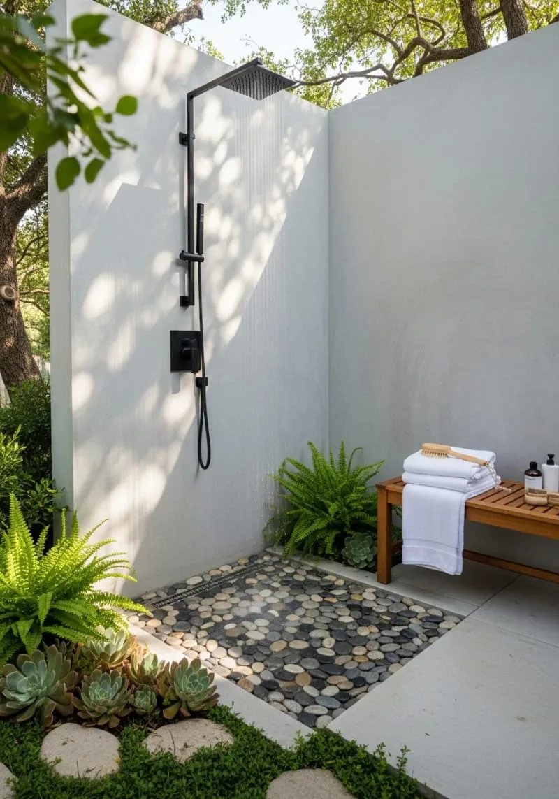 minimalist black metal frame outdoor shower with river rock flooring 1