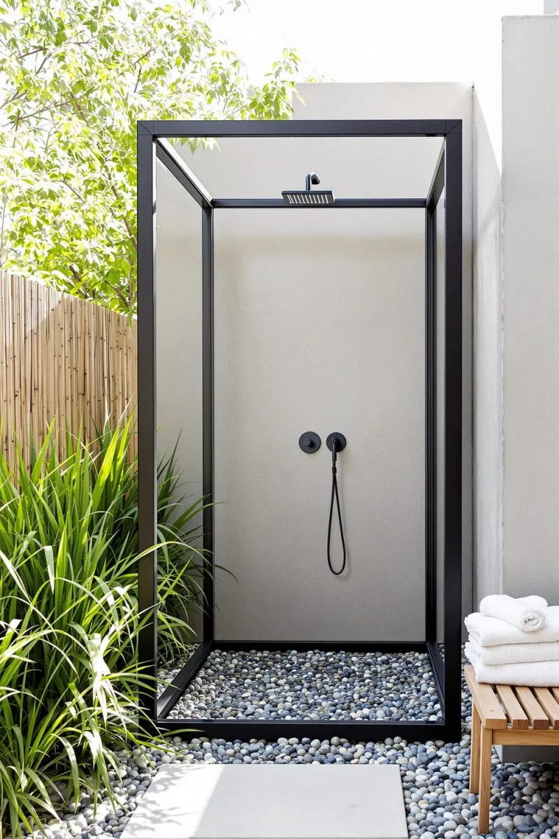 minimalist black metal frame outdoor shower with river rock flooring 1