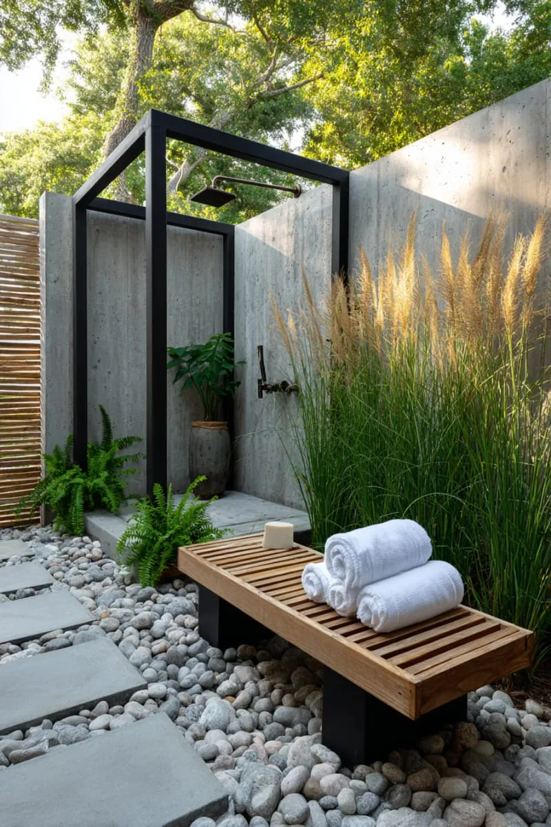 minimalist black metal frame outdoor shower with river rock flooring 1