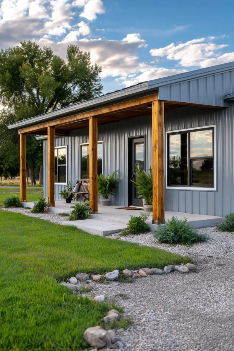 minimalist grey exterior paired with warm wood pillars and trim 1