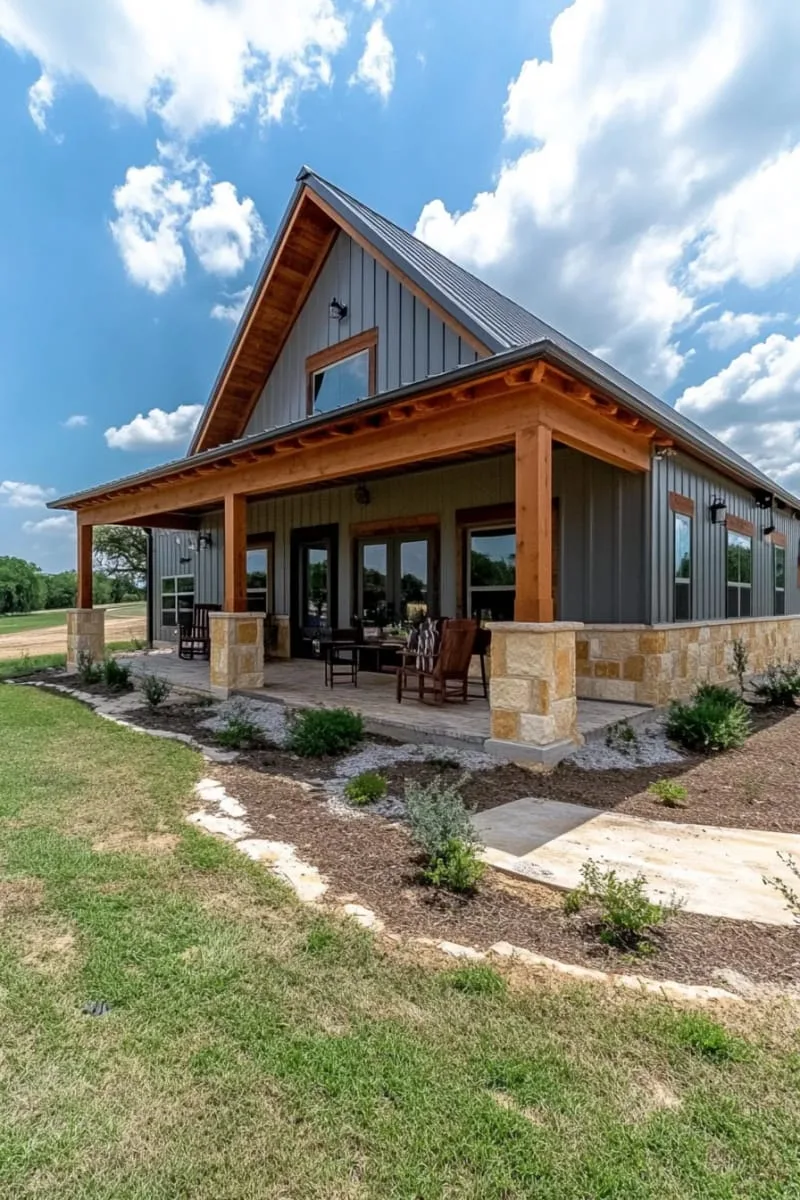 minimalist grey exterior paired with warm wood pillars and trim 1