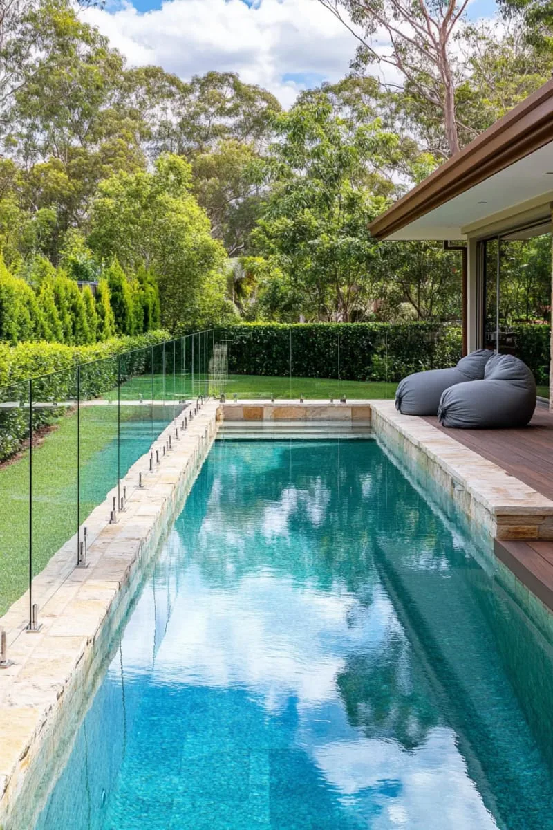 minimalist lap pool with sleek glass fencing and modern landscaping 1