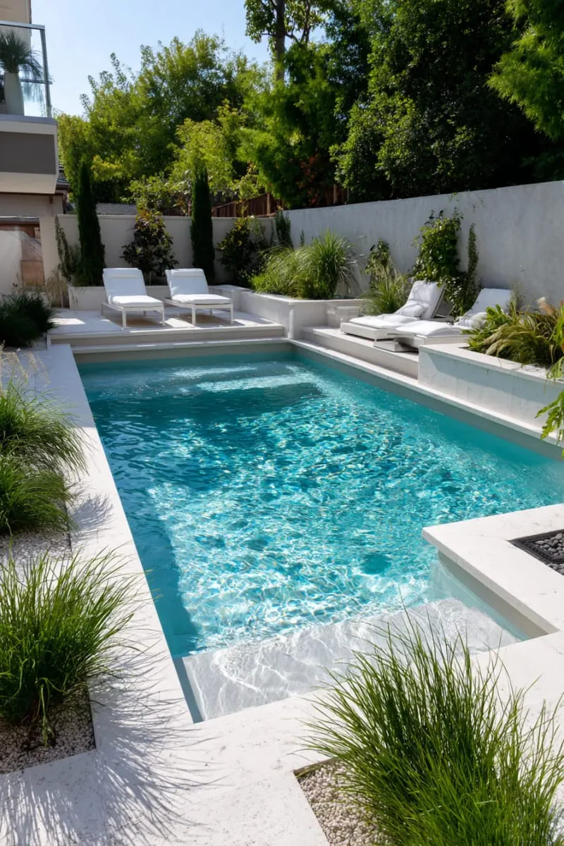 minimalist modern beach entry pool with geometric lines and white stone 1