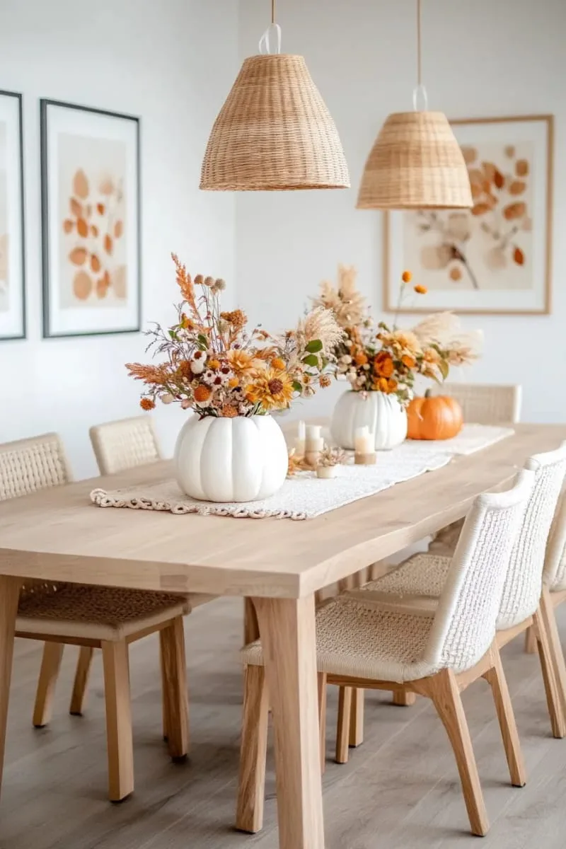 minimalist pumpkin vase filled with wildflowers and seed pods 1