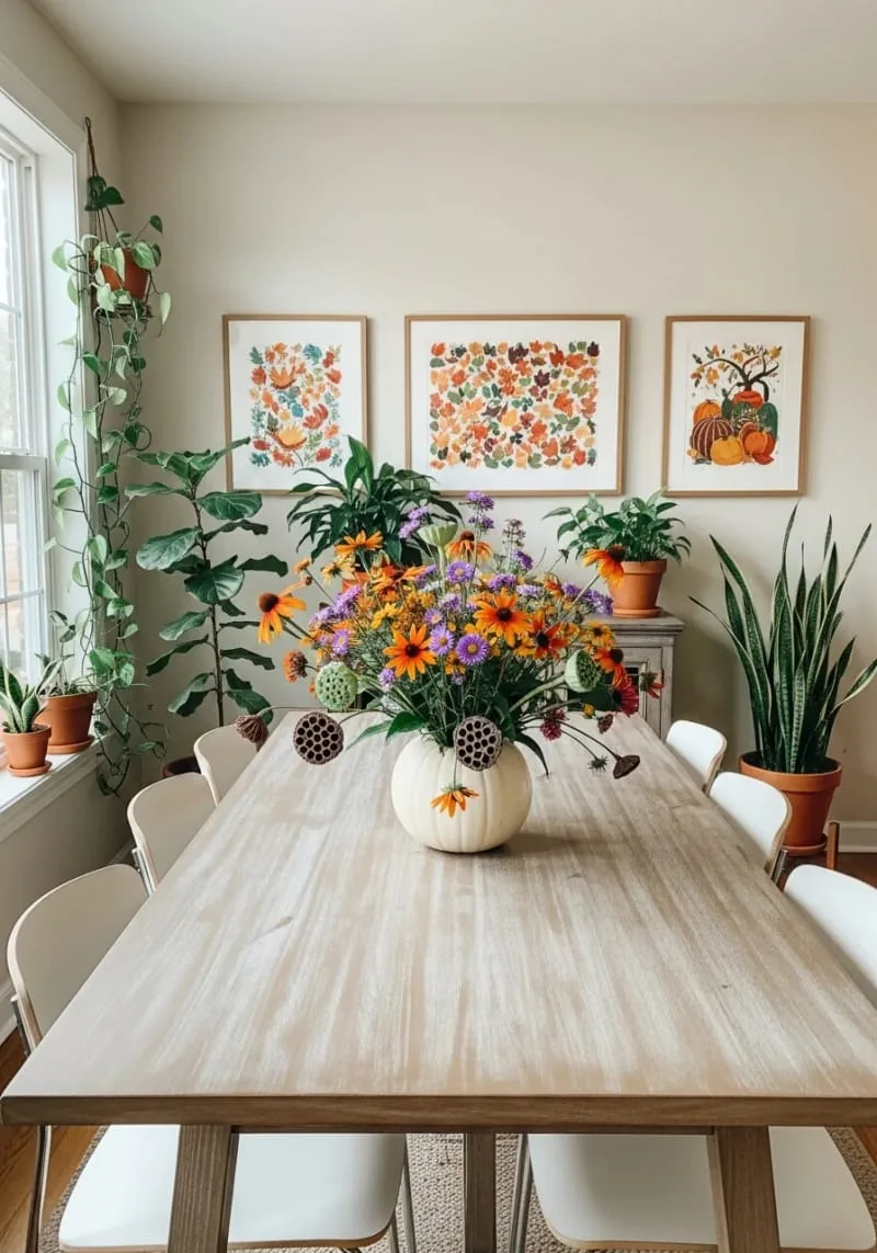 minimalist pumpkin vase filled with wildflowers and seed pods 1