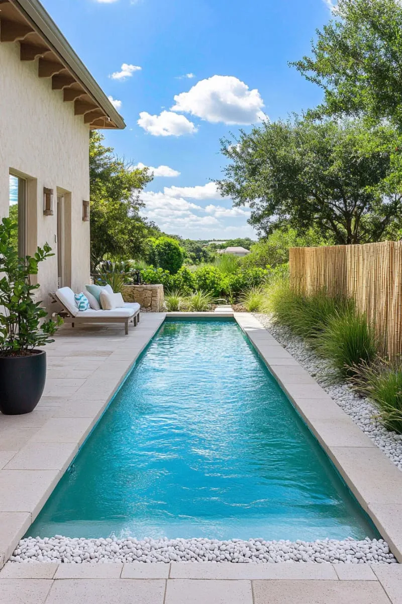 minimalist rectangle pool framed by modern concrete pavers and zen gravel 1