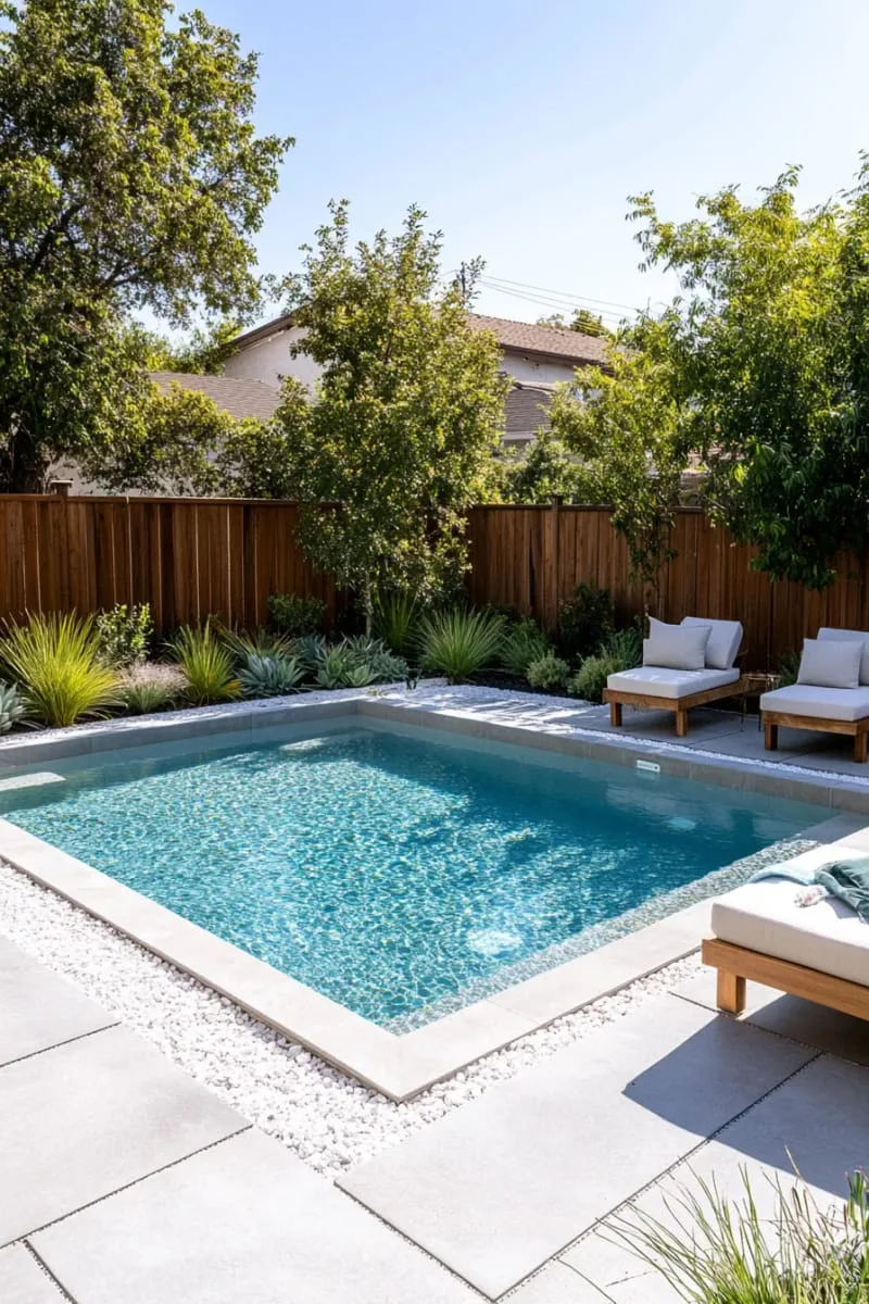 minimalist rectangle pool framed by modern concrete pavers and zen gravel 1
