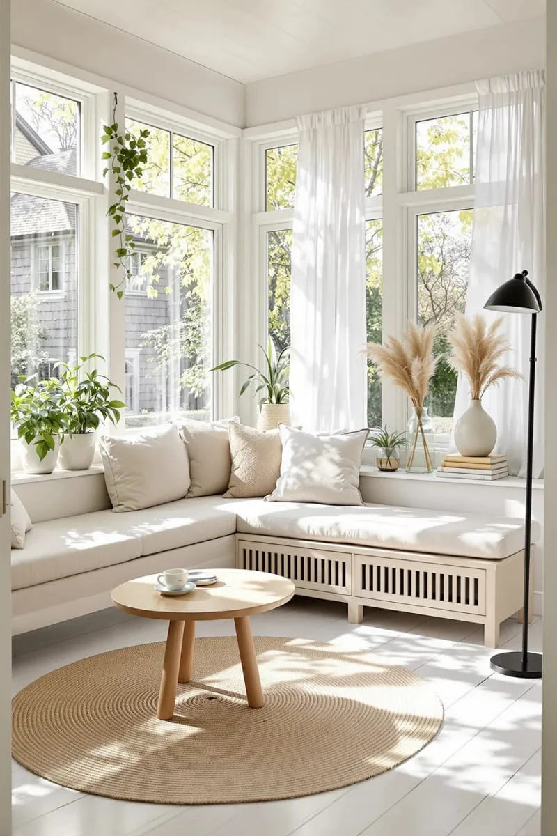 19 Small Sunroom Ideas to Brighten Small Spaces 55 minimalist scandinavian sunroom with light woods and soft neutrals 1
