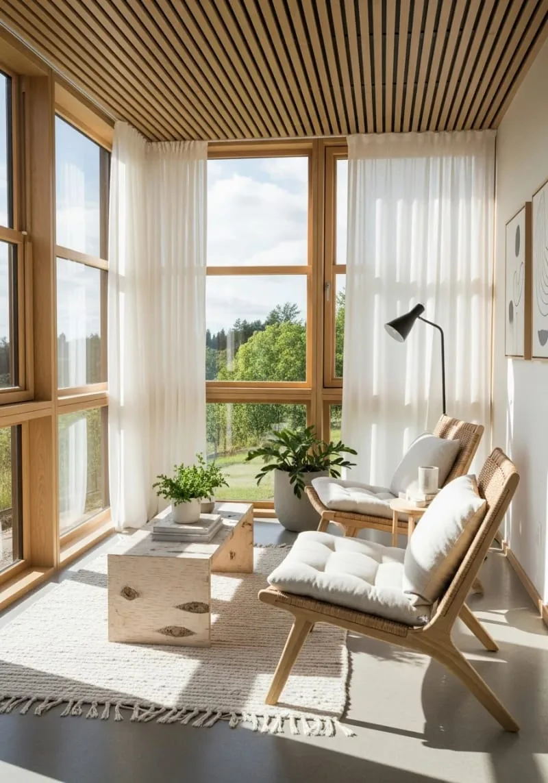 19 Small Sunroom Ideas to Brighten Small Spaces 56 minimalist scandinavian sunroom with light woods and soft neutrals 1