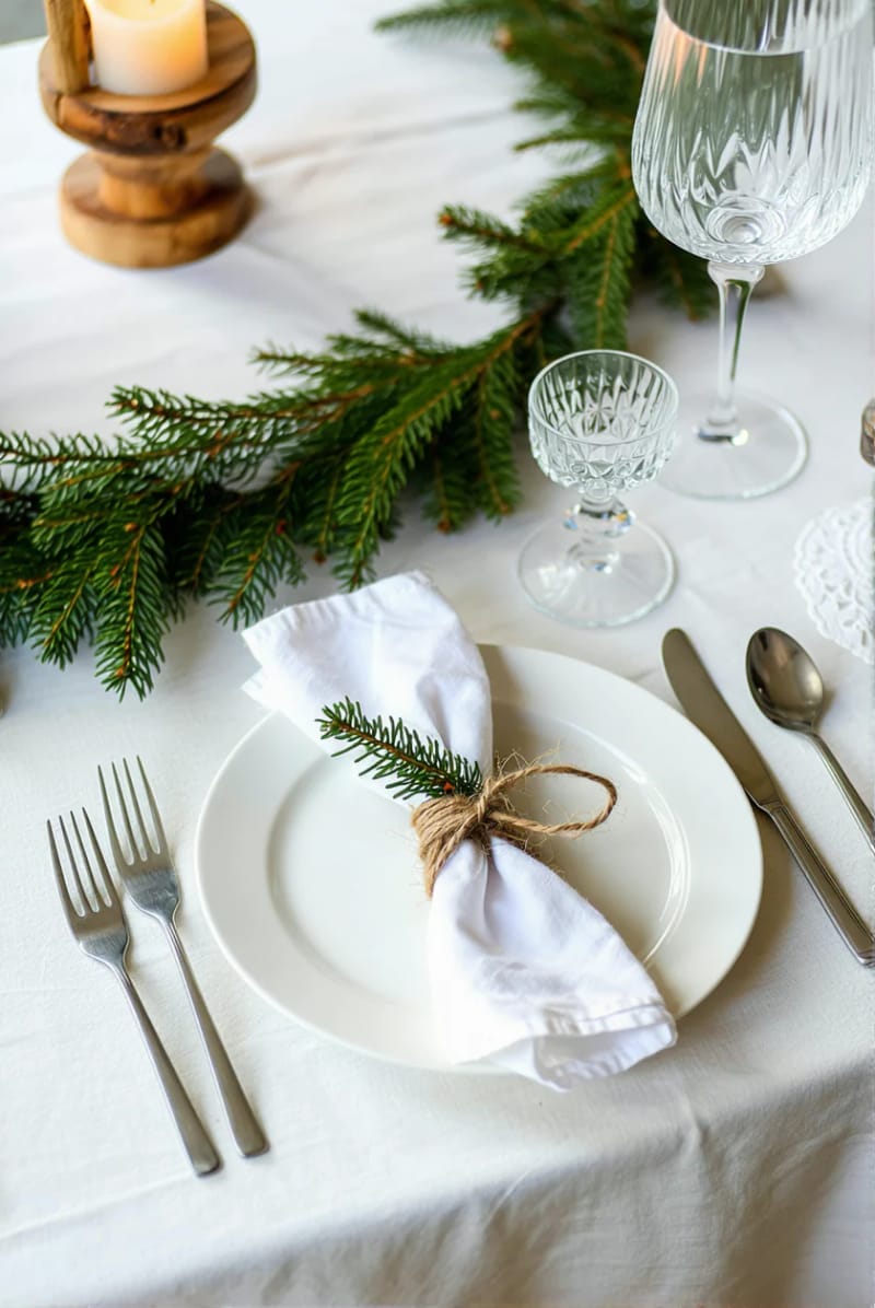 minimalist table setting with a single pine sprig on each plate 1