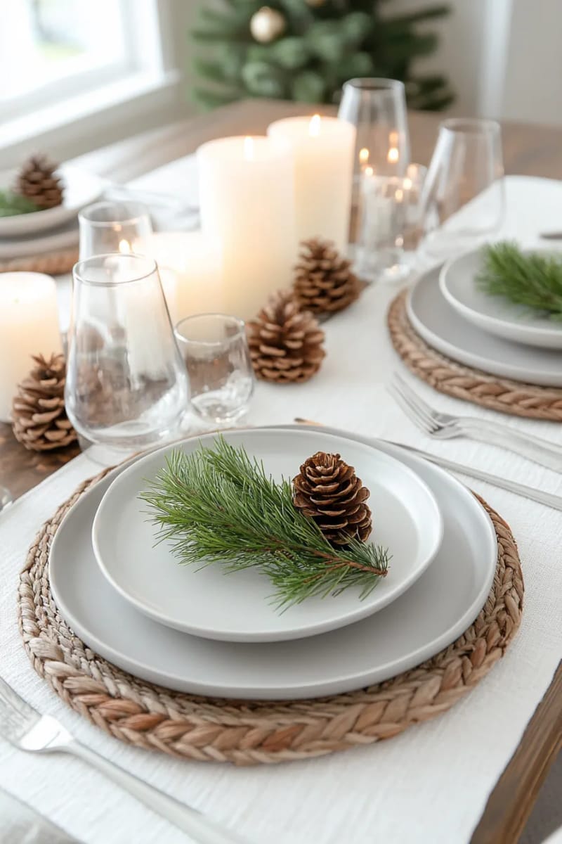 minimalist table setting with a single pine sprig on each plate 1