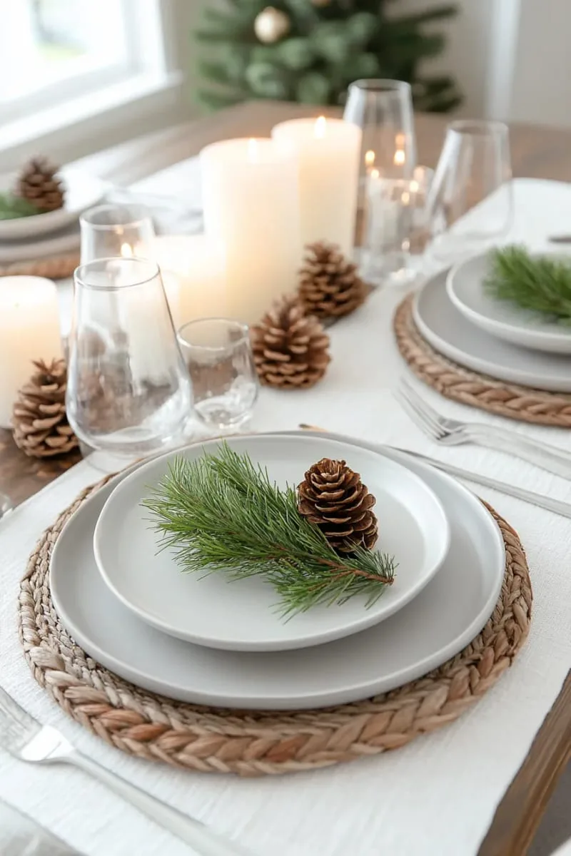 31 Trendy Christmas Decor Ideas for a Magical Home 35 minimalist table setting with a single pine sprig on each plate 1