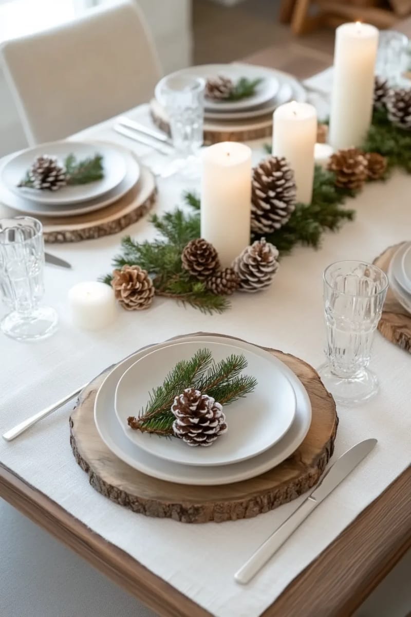 minimalist table setting with a single pine sprig on each plate 1
