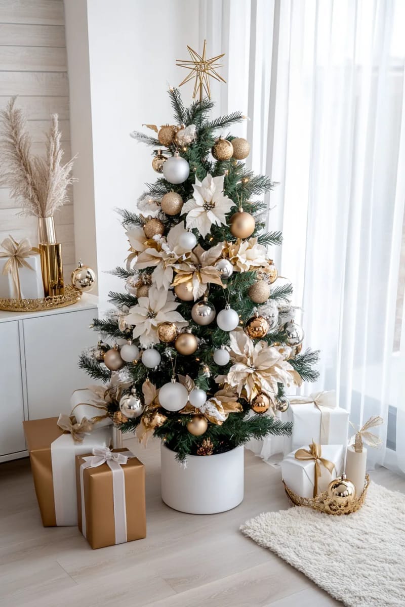 minimalist white and gold tree with delicate glass ornaments 1