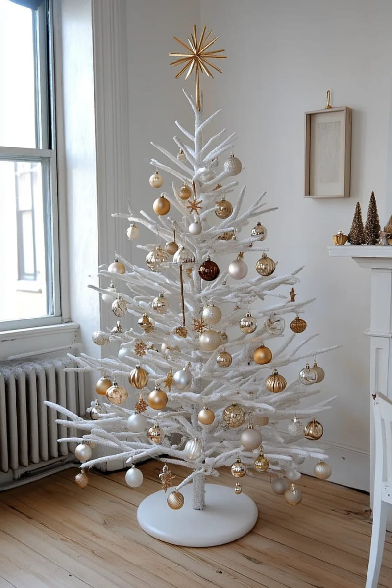 minimalist white and gold tree with delicate glass ornaments 1