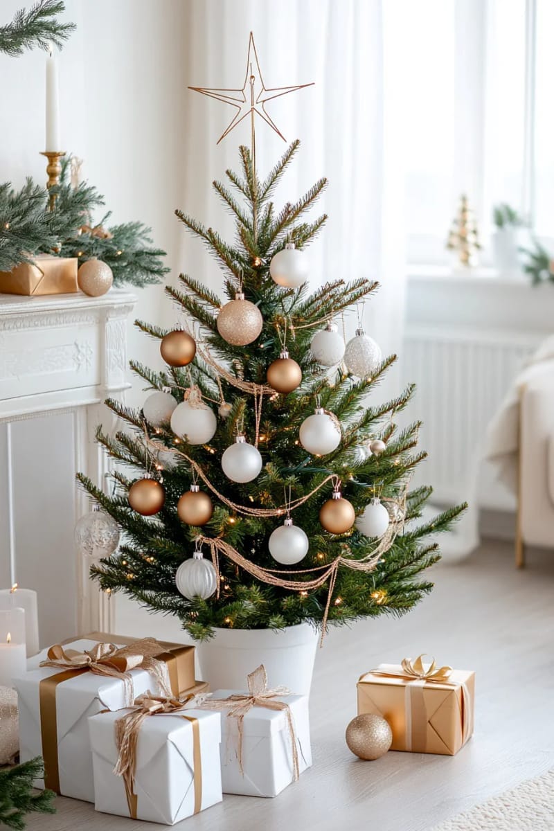 minimalist white and gold tree with delicate glass ornaments 1