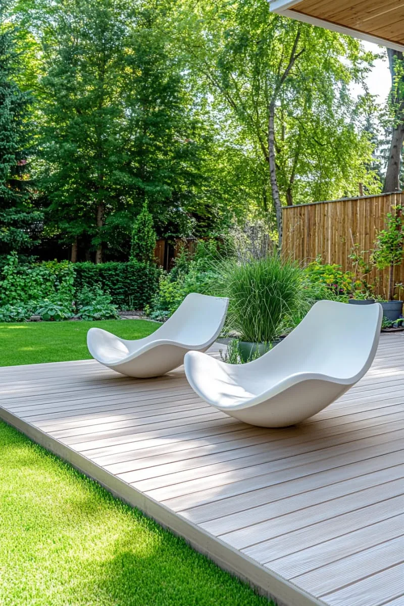 minimalist wooden deck with sculptural lounge chairs 1