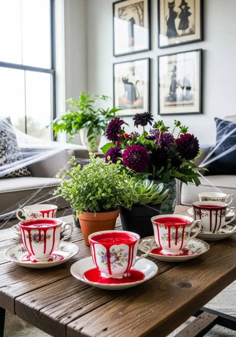 mismatched antique teacups filled with oozing wax “blood” 1